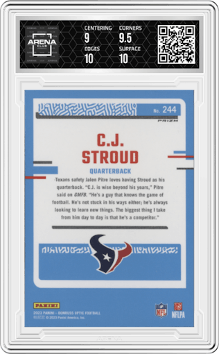 C.J. Stroud from the 2023 Donruss Optic set featuring a  Purple Shock parallel graded by Arena Club and given an overall grade of 9.5.