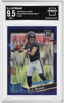 C.J. Stroud from the 2023 Donruss Optic set featuring a  Purple Shock parallel graded by Arena Club and given an overall grade of 9.5.