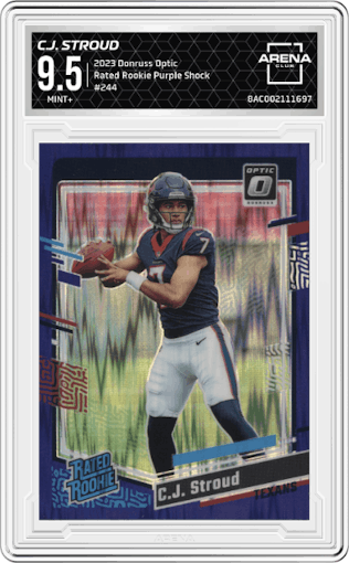 C.J. Stroud from the 2023 Donruss Optic set featuring a  Purple Shock parallel graded by Arena Club and given an overall grade of 9.5.