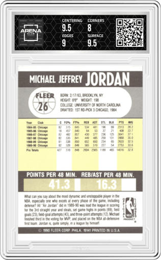 Michael Jordan from the 1990-91 Fleer set graded by Arena Club and given an overall grade of 8.5.