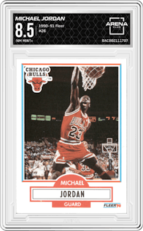 Michael Jordan from the 1990-91 Fleer set graded by Arena Club and given an overall grade of 8.5.
