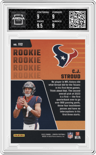 C.J. Stroud from the 2023 Panini Zenith set graded by Arena Club and given an overall grade of 9.