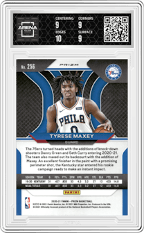 Tyrese Maxey from the 2020-21 Panini Prizm set featuring a Silver Prizm parallel graded by Arena Club and given an overall grade of 9.5.