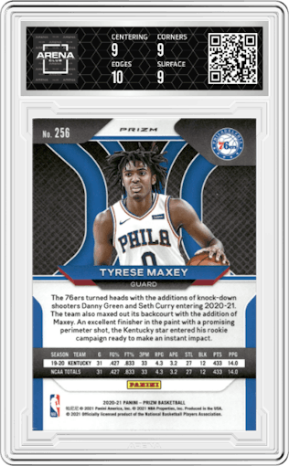 Tyrese Maxey from the 2020-21 Panini Prizm set featuring a Silver Prizm parallel graded by Arena Club and given an overall grade of 9.5.