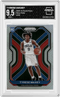 Tyrese Maxey from the 2020-21 Panini Prizm set featuring a Silver Prizm parallel graded by Arena Club and given an overall grade of 9.5.