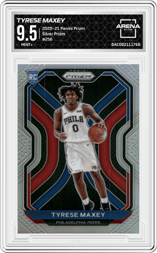 Tyrese Maxey from the 2020-21 Panini Prizm set featuring a Silver Prizm parallel graded by Arena Club and given an overall grade of 9.5.