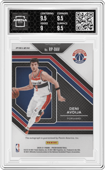 Deni Avdija from the 2020-21 Panini Prizm set featuring a Silver Prizm parallel graded by Arena Club and given an overall grade of 9.5.