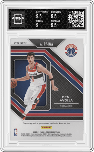 Deni Avdija from the 2020-21 Panini Prizm set featuring a Silver Prizm parallel graded by Arena Club and given an overall grade of 9.5.