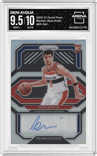 Deni Avdija from the 2020-21 Panini Prizm set featuring a Silver Prizm parallel graded by Arena Club and given an overall grade of 9.5.