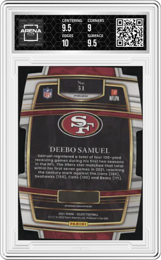 Deebo Samuel from the 2021 Panini Select set featuring a Die-Cut Zebra parallel graded by Arena Club and given an overall grade of 9.5.