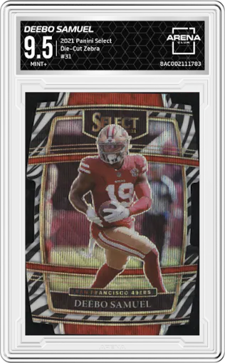 Deebo Samuel from the 2021 Panini Select set featuring a Die-Cut Zebra parallel graded by Arena Club and given an overall grade of 9.5.