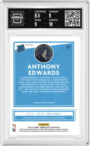 Anthony Edwards from the 2020-21 Panini Donruss Optic set featuring a Hyper Pink parallel graded by Arena Club and given an overall grade of 9.