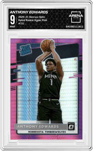 Anthony Edwards from the 2020-21 Panini Donruss Optic set featuring a Hyper Pink parallel graded by Arena Club and given an overall grade of 9.