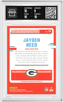 Jayden Reed from the 2023 Panini Donruss set graded by Arena Club and given an overall grade of 9.5.