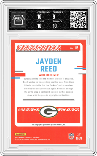 Jayden Reed from the 2023 Panini Donruss set graded by Arena Club and given an overall grade of 9.5.