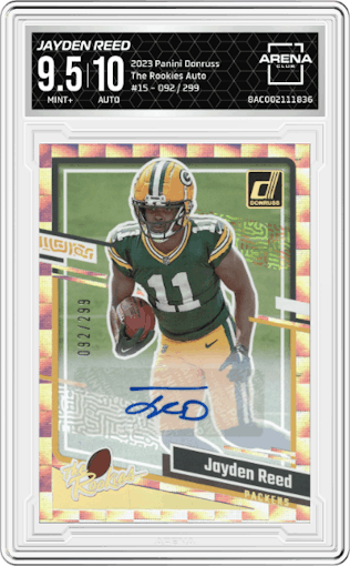 Jayden Reed from the 2023 Panini Donruss set graded by Arena Club and given an overall grade of 9.5.