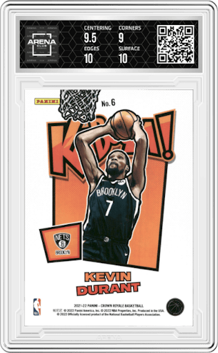Kevin Durant from the 2021-22 Crown Royale set graded by Arena Club and given an overall grade of 9.5.