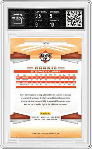 Stephen Curry from the 2009-10 Panini  set graded by Arena Club and given an overall grade of 9.5.