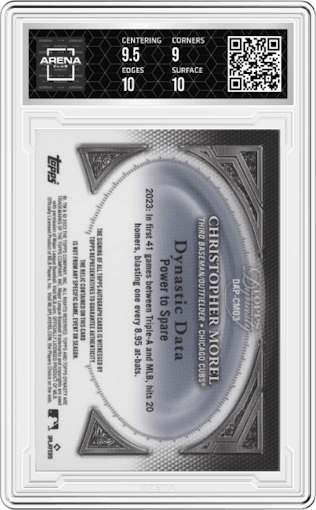 Christopher Morel from the 2023 Topps Dynasty set graded by Arena Club and given an overall grade of 9.5.