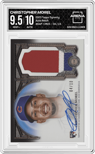 Christopher Morel from the 2023 Topps Dynasty set graded by Arena Club and given an overall grade of 9.5.