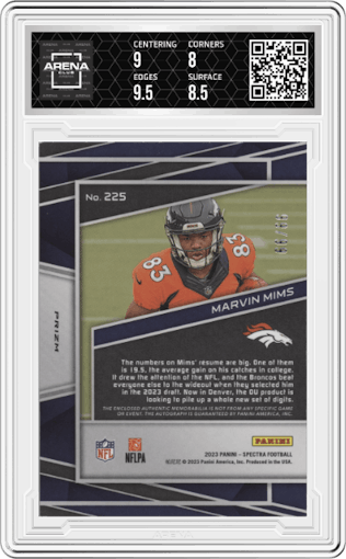 Marvin Mims from the 2023 Panini Spectra set graded by Arena Club and given an overall grade of 8.5.
