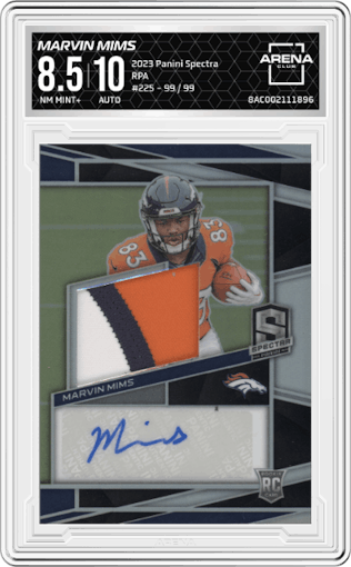 Marvin Mims from the 2023 Panini Spectra set graded by Arena Club and given an overall grade of 8.5.
