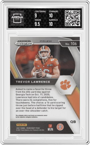 Trevor Lawrence from the 2021 Panini Prizm Draft Picks set featuring a Green Prizm parallel graded by Arena Club and given an overall grade of 9.5.