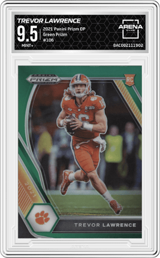 Trevor Lawrence from the 2021 Panini Prizm Draft Picks set featuring a Green Prizm parallel graded by Arena Club and given an overall grade of 9.5.