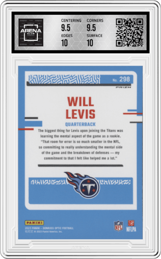 Will Levis from the 2023 Donruss Optic set featuring a  Purple Shock parallel graded by Arena Club and given an overall grade of 10.