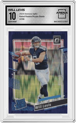 Will Levis from the 2023 Donruss Optic set featuring a  Purple Shock parallel graded by Arena Club and given an overall grade of 10.