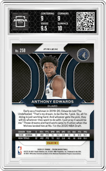 Anthony Edwards from the 2020-21 Panini Prizm set featuring a Red Ice parallel graded by Arena Club and given an overall grade of 9.5.