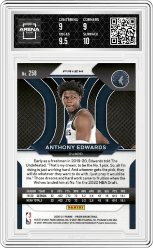 Anthony Edwards from the 2020-21 Panini Prizm set featuring a Red Ice parallel graded by Arena Club and given an overall grade of 9.5.
