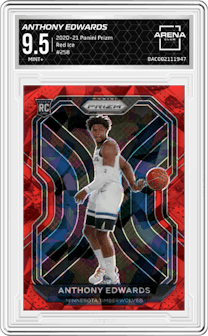 Anthony Edwards from the 2020-21 Panini Prizm set featuring a Red Ice parallel graded by Arena Club and given an overall grade of 9.5.