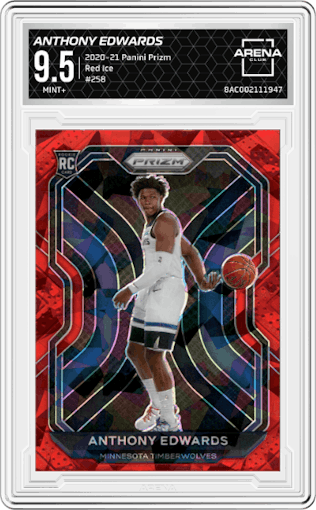 Anthony Edwards from the 2020-21 Panini Prizm set featuring a Red Ice parallel graded by Arena Club and given an overall grade of 9.5.