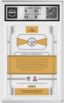 James Harrison from the 2018 Panini National Treasures set featuring a Gold parallel graded by Arena Club and given an overall grade of 10.