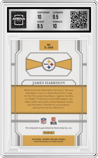 James Harrison from the 2018 Panini National Treasures set featuring a Gold parallel graded by Arena Club and given an overall grade of 10.