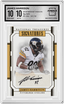 James Harrison from the 2018 Panini National Treasures set featuring a Gold parallel graded by Arena Club and given an overall grade of 10.