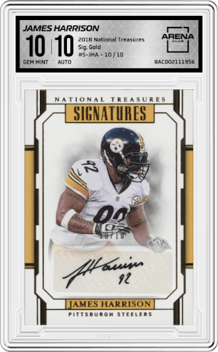 James Harrison from the 2018 Panini National Treasures set featuring a Gold parallel graded by Arena Club and given an overall grade of 10.