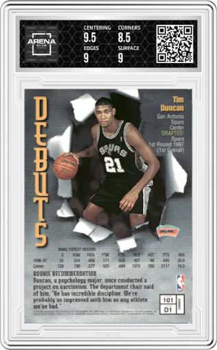 Tim Duncan from the 1997-98 Topps Finest set featuring a W/ Coating parallel graded by Arena Club and given an overall grade of 9.