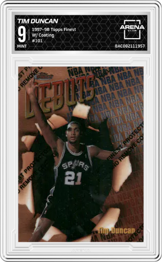 Tim Duncan from the 1997-98 Topps Finest set featuring a W/ Coating parallel graded by Arena Club and given an overall grade of 9.