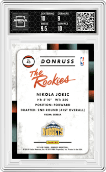 Nikola Jokic from the 2015-16 Panini Donruss Basketball set graded by Arena Club and given an overall grade of 9.5.