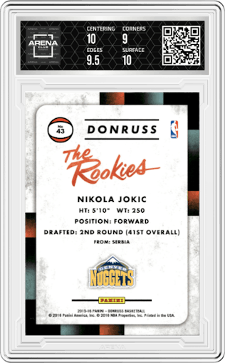 Nikola Jokic from the 2015-16 Panini Donruss Basketball set graded by Arena Club and given an overall grade of 9.5.