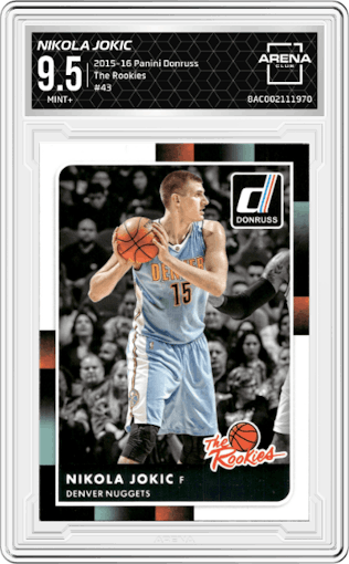 Nikola Jokic from the 2015-16 Panini Donruss Basketball set graded by Arena Club and given an overall grade of 9.5.