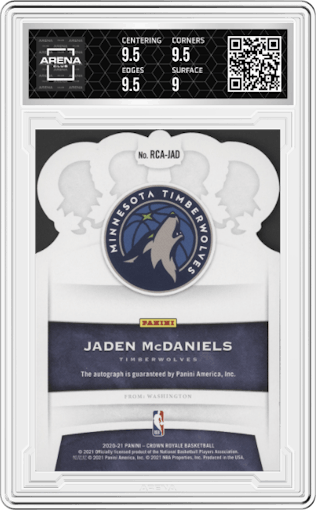 Jaden McDaniels from the 2020-21 Panini Crown Royale set featuring a Blue parallel graded by Arena Club and given an overall grade of 9.5.