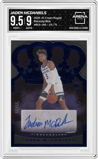 Jaden McDaniels from the 2020-21 Panini Crown Royale set featuring a Blue parallel graded by Arena Club and given an overall grade of 9.5.