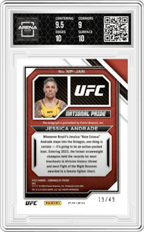Jessica Andrade from the 2023 Panini Chronicles Ufc set featuring a Blue parallel graded by Arena Club and given an overall grade of 9.5.