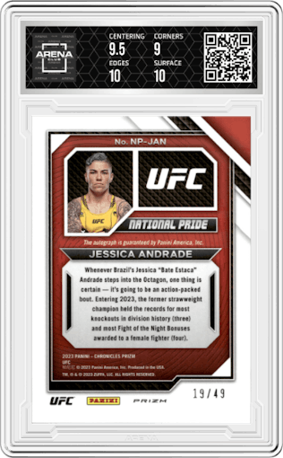 Jessica Andrade from the 2023 Panini Chronicles Ufc set featuring a Blue parallel graded by Arena Club and given an overall grade of 9.5.