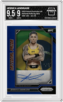 Jessica Andrade from the 2023 Panini Chronicles Ufc set featuring a Blue parallel graded by Arena Club and given an overall grade of 9.5.