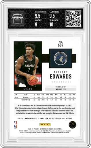 Anthony Edwards from the 2020-21 Panini Chronicles set graded by Arena Club and given an overall grade of 9.5.