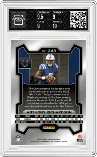Anthony Richardson from the 2023 Panini Prizm set graded by Arena Club and given an overall grade of 9.5.